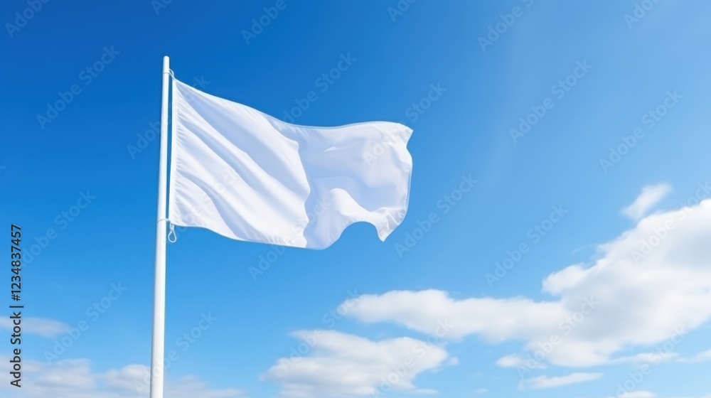 Poster white flag waving against a clear blue sky in a mockup template emphasizing blank space and minimali