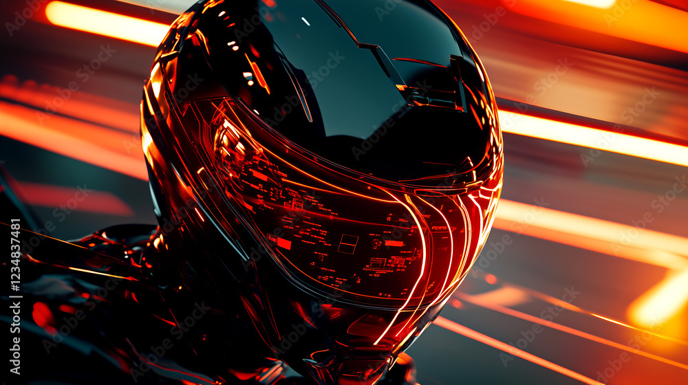 Poster close-up of futuristic cyborg helmet with glowing red lights in motion blur background with a myster