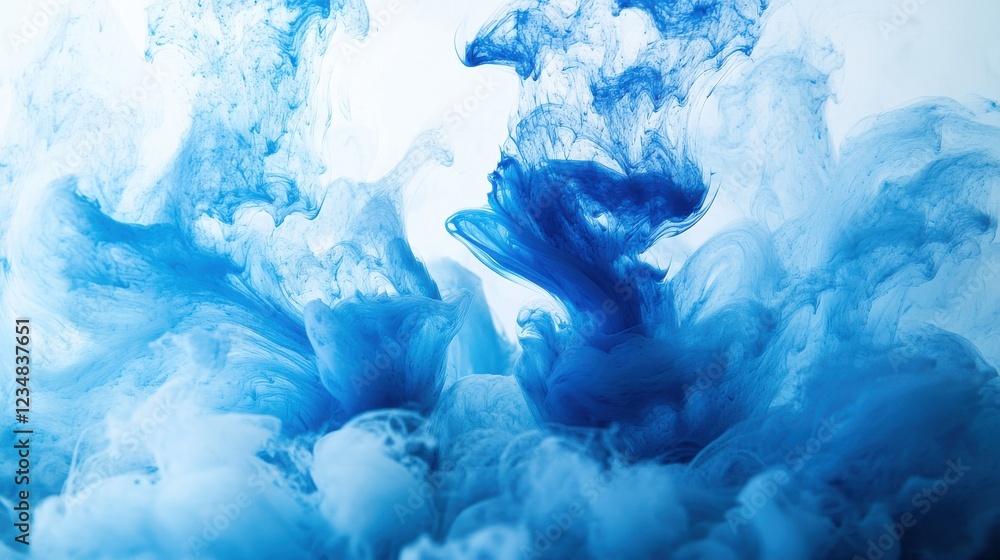 Poster blue ink dissolving in water creating dynamic fluid swirls and abstract patterns