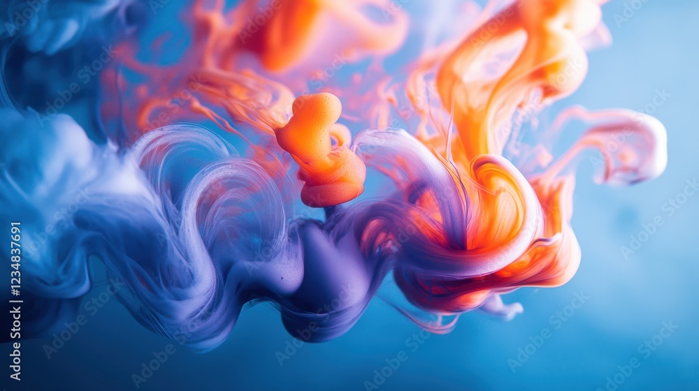 Poster abstract ink in water creating dynamic fluid swirls on a blue background for artistic designs