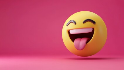 Fototapeta premium 3D render of a yellow, happy emoji with its tongue out, against a pink background,