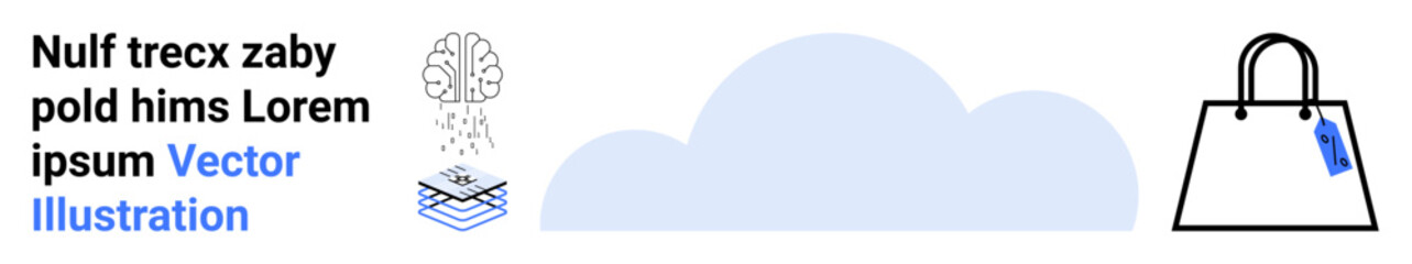 Cloud computing with tree-shaped innovation, layered data structure, and shopping bag. Ideal for technology, e-commerce, innovation, retail, cloud storage, AI concepts and flat landing page banner