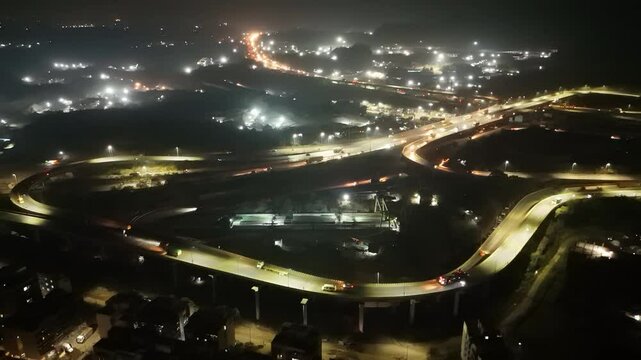 Aerial Night View of City Highway Interchange