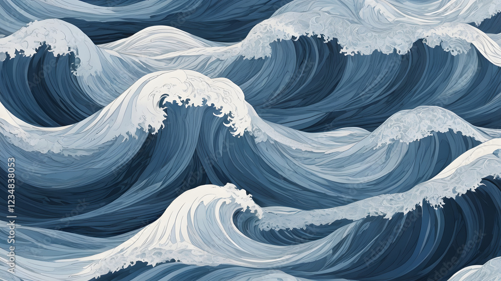 Poster abstract ocean waves: a captivating abstract depiction of a tumultuous sea, with rolling waves in de