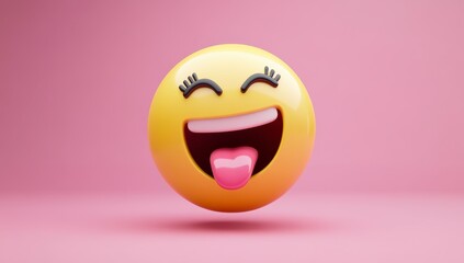 Fototapeta premium 3D render of a yellow, happy emoji with its tongue out, against a pink background,