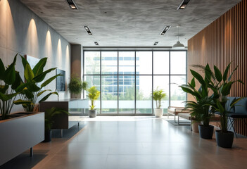 Interior de recepción de oficina moderna. Muros de hormigón y plantas verdes
