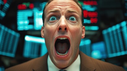 A panicked man screams in a financial trading room, surrounded by screens displaying stock market data and indicators.