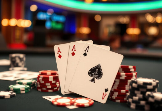 Tres ases en cartas de p&oacute;quer levantadas sobre la mesa para ver el juego junto a las fichas del casino

