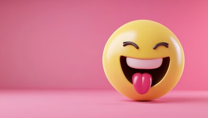 Fototapeta premium 3D render of a yellow, happy emoji with its tongue out, against a pink background,