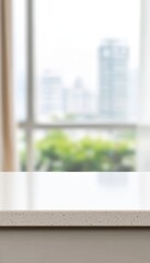 Empty countertop with blurred city view.