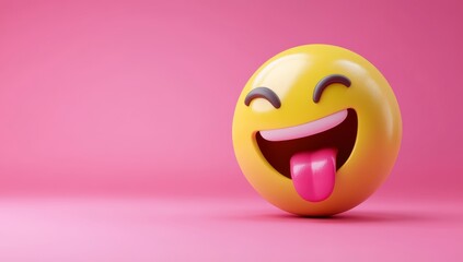 Fototapeta premium 3D render of a yellow, happy emoji with its tongue out, against a pink background,