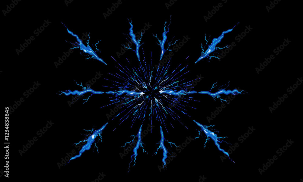Poster stunning display of blue lightning bolts radiating from central point, creating dynamic and energeti