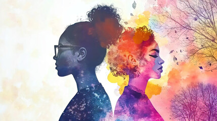 Fototapeta premium Women history honors heritage and diversity. It marks progress and inspires celebration. Silhouette of Two Women with Colorful Abstract Background