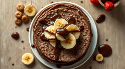 Fototapeta premium Delicious Chocolate Pancakes with Bananas and Chocolate Sauce