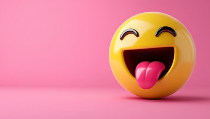 Fototapeta premium 3D render of a yellow, happy emoji with its tongue out, against a pink background,