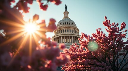 Us Capitol Building Sunrise with Cherry Blossoms