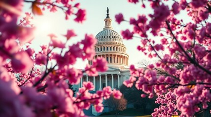 Us Capitol Building Spring Blossoms Pink Flowers