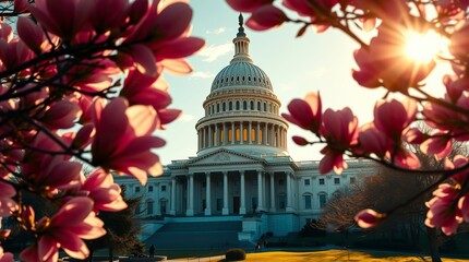Us Capitol Building Spring Sunset Magnolia Blossoms
