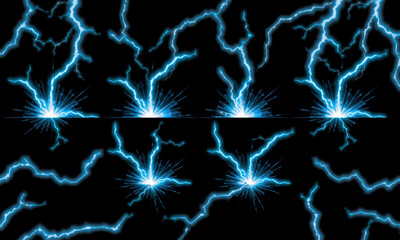Bright blue lightning bolts illuminate dark background, creating striking visual effect. dynamic energy of bolts conveys sense of power and intensity