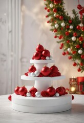 Round white podium with red Christmas ornaments on a table, winter wonderland, red ornaments