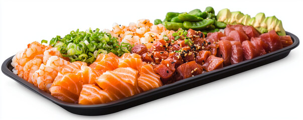 Fresh sushi platter featuring salmon, tuna, and various toppings, perfect for sharing