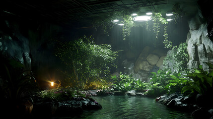 Mysterious grotto with lush tropical plants and serene pool illuminated by soft light