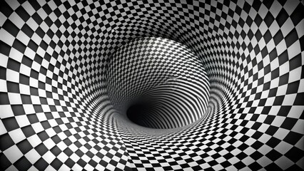 A black and white checkered pattern swirls into a deep, hypnotic vortex, creating a mesmerizing visual illusion of infinite depth and endless possibilities.