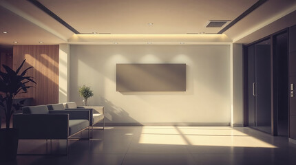 Fototapeta premium Modern office lobby interior design with empty frame and sunlight illuminating waiting area