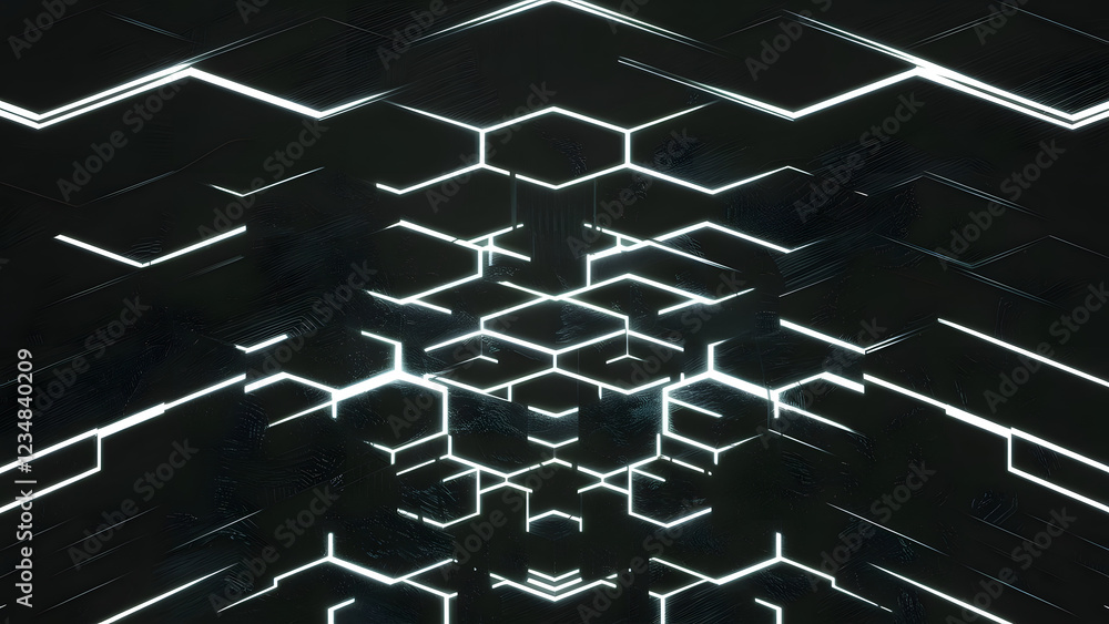 Poster abstract hexagon network: a mesmerizing abstract pattern of glowing white hexagons on a black backgr