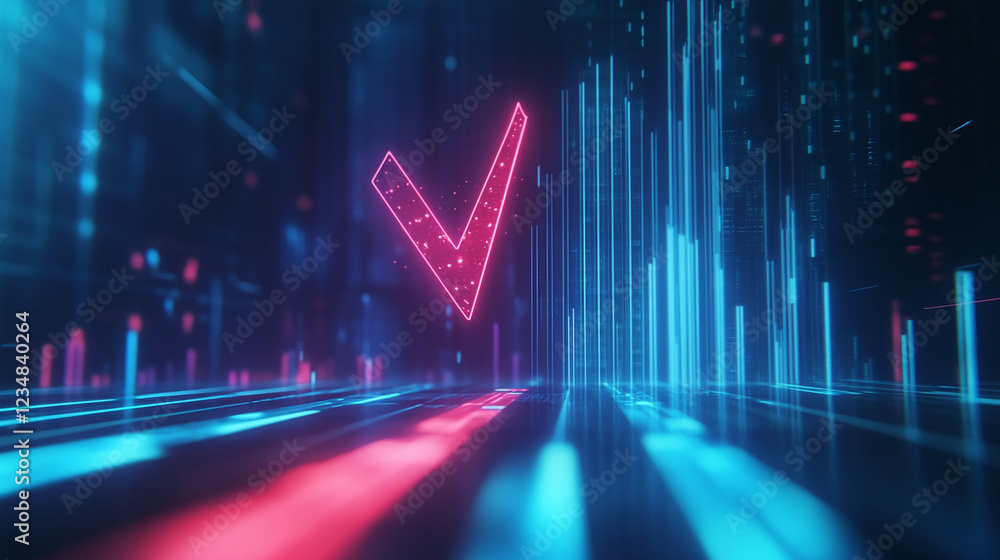 Poster 3d digital rendering of a glowing pink checkmark surrounded by vertical glowing blue and red data li