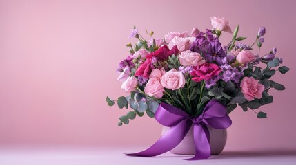 Fototapeta premium Delicate Pink and Purple Flower Bouquet in Vase