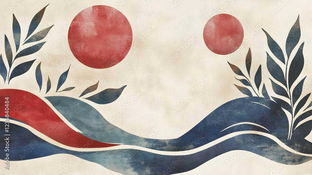 Poster abstract landscape with red suns and flowing waves, featuring botanical elements