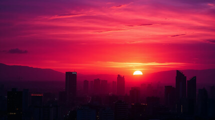 Fototapeta premium Vibrant pink and orange sunset illuminating city skyline with majestic mountains