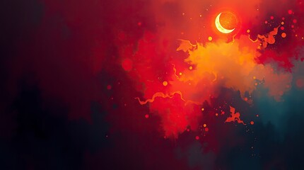 Fiery Night Sky Artwork Crescent Moon Watercolor Painting