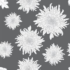 Seamless chrysanthemum floral pattern in monochrome style, featuring detailed hand-drawn flowers on a dark background. Ideal for fabric, wallpaper, packaging, stationery, textiles.