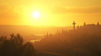 Lonely cross on a mountain at sunrise. Holy Week concept.