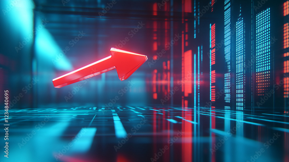 Poster 3d digital representation of a glowing red upward arrow, symbolizing progress, success, or growth in