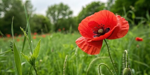 Naklejka premium Red poppy flower in a lush green background, foliage, plant, botanical