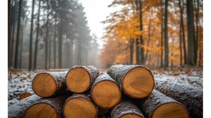 Logs stacked in snowy autumn forest road with misty background