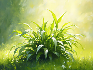 Children&rsquo;s Feet on Grass with a Growing Plant in Sunlight