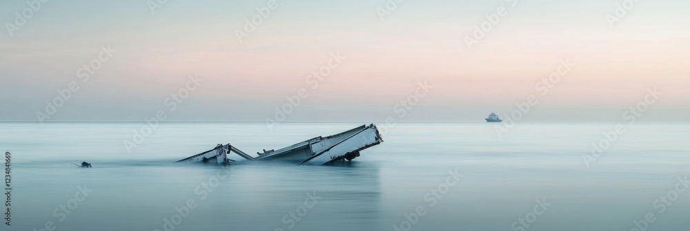Poster broken airplane parts float serenely on a calm ocean at twilight near an unseen horizon. generative 