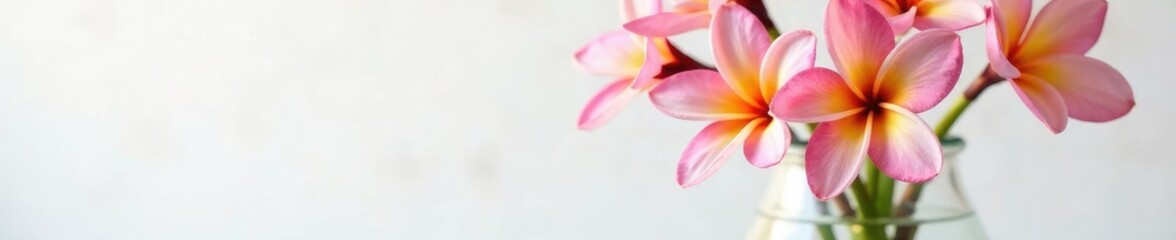 Plumeria blooms in a glass container isolated, blossoming flowers, vase