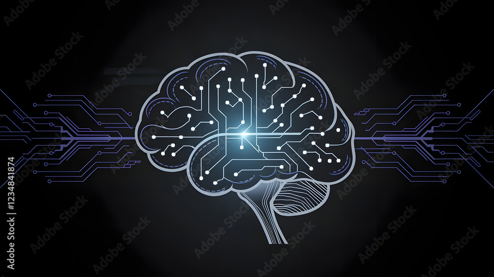 Poster the digital brain: a stylized image of a human brain, transformed into a complex network of intercon