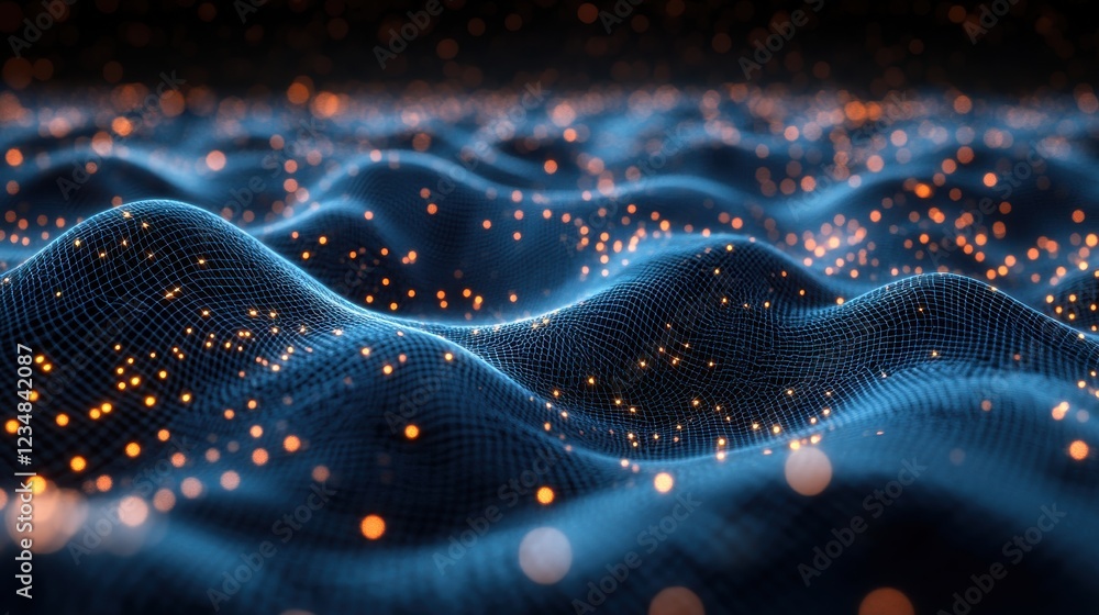 Poster computer generated image of a wave of light in a tech inspired mesh wireframe design