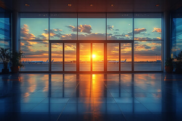 Fototapeta premium Stunning Airport Lounge Sunset View Through Large Windows