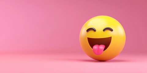 Fototapeta premium 3D render of a yellow, happy emoji with its tongue out, against a pink background,