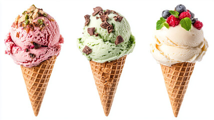 Creamy gelato scoops in waffle cones, featuring raspberry, mint chocolate, and vanilla with berries