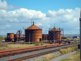 Obraz premium Industrial Landscape with Rusty Storage Tanks and Pipelines Under a Blue Sky with Clouds