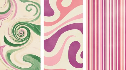 Three 1960s-inspired designs with swirling psychedelic effects