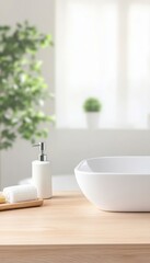 Fototapeta premium Spa-like bathroom setting with a clean, minimalist aesthetic.